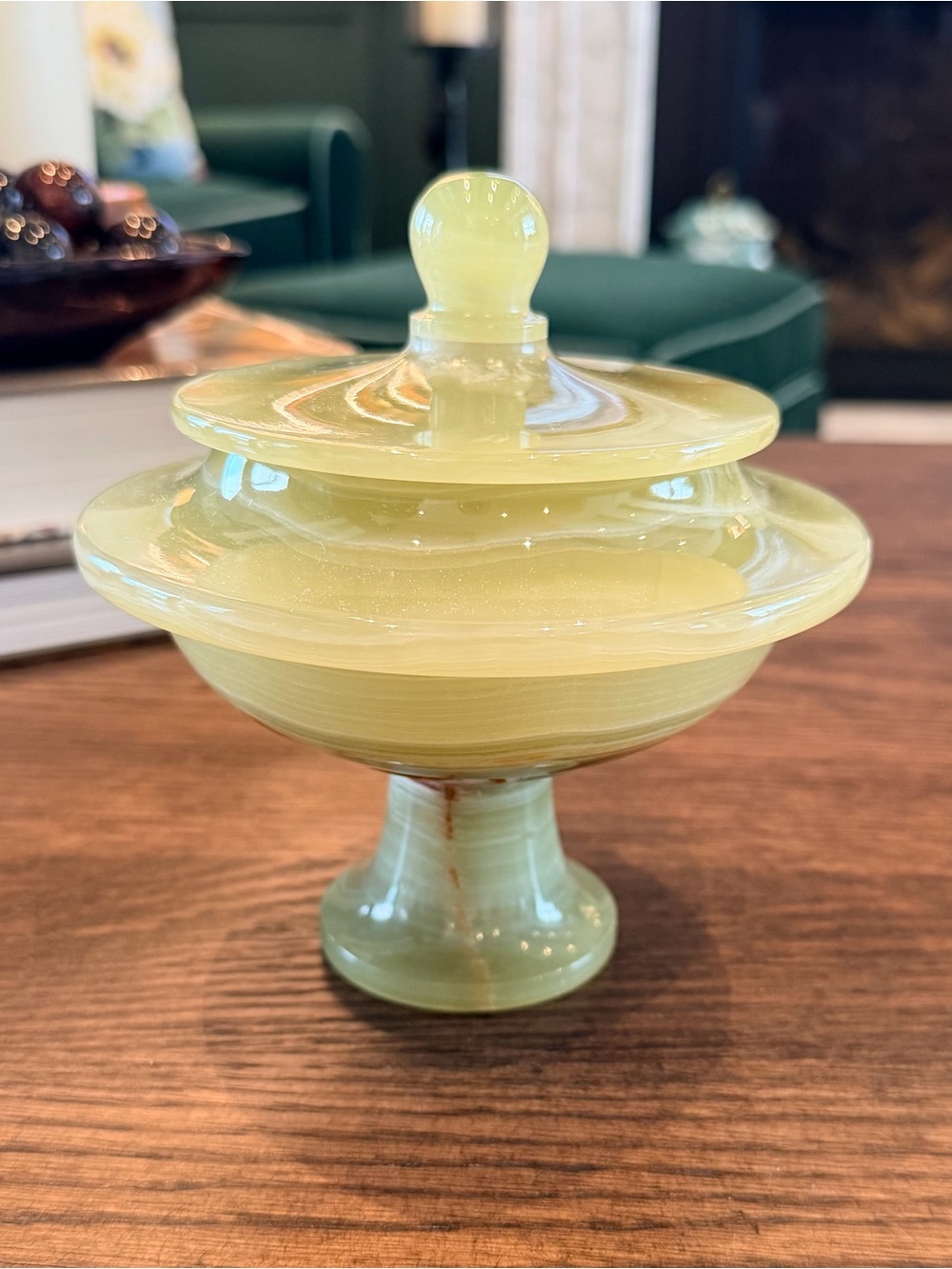 Elegant Green Onyx Pedestal Bowl with Lid - Handcarved